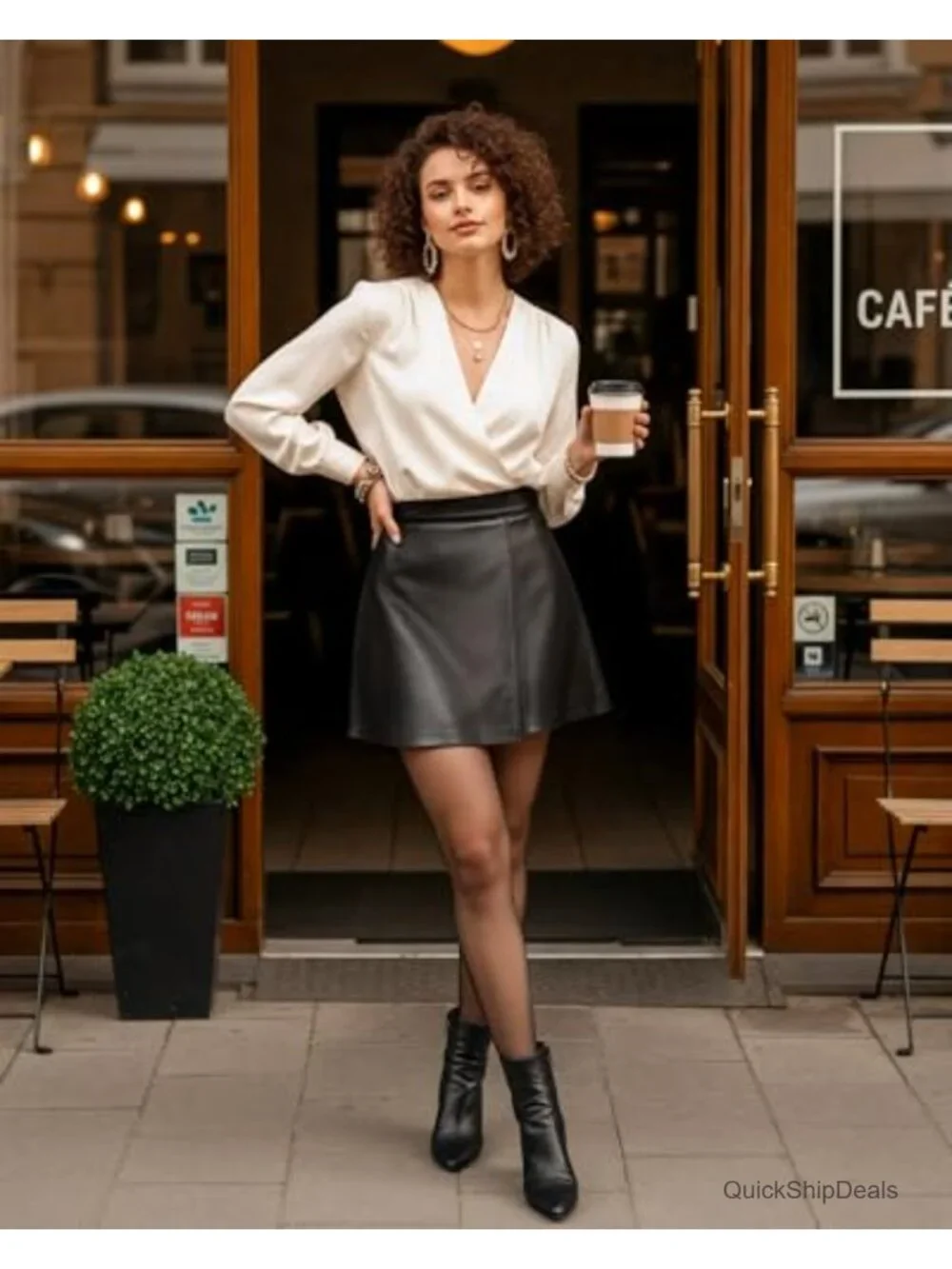 Faux Leather High Waist A-Line Mini Skirt with Zipper Closure